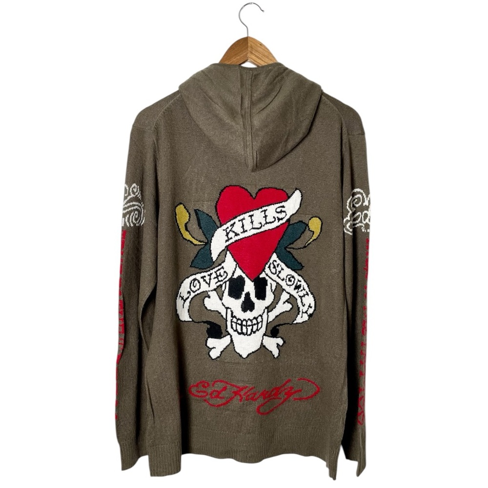 Ed Hardy Men's Sweater Hoodie 2XL Zip Up Love Kills Slowly Skull Wool Blend Army